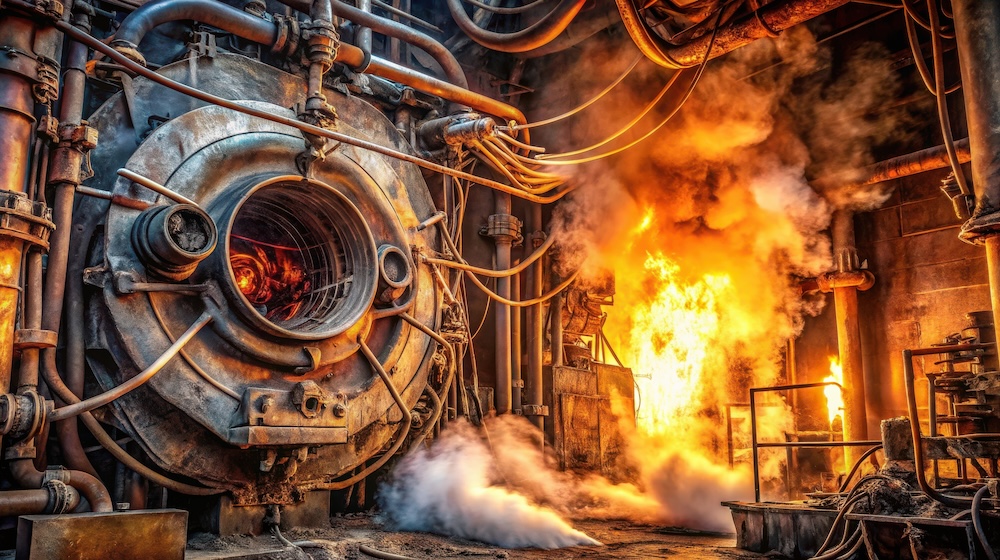 A Close-Up View of a Large Industrial Furnace with Smoke and Flames Erupting from Its Open Door