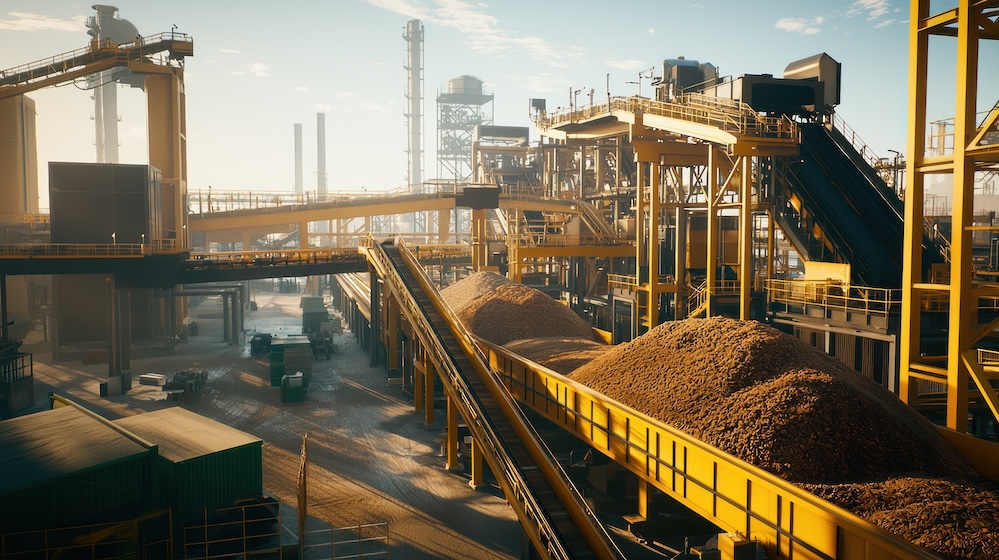 Industrial site with conveyor belts and piles of material.