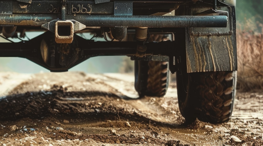 Camera positioned beneath the truck bed, seen from the rear.