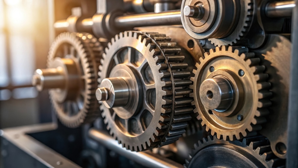 Closeup of Automated Components Intricate gears and pistons of the textile machine glisten in the light showcasing the level of technology and engineering involved in its design.