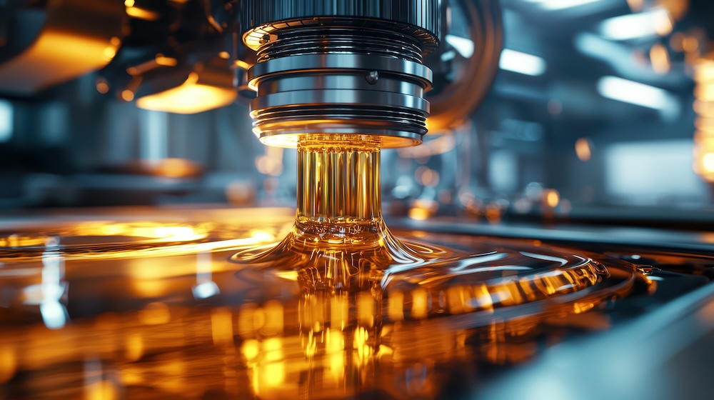 Sleek Futuristic Engine Oil Pump in Motion with Vivid Fluid Flow